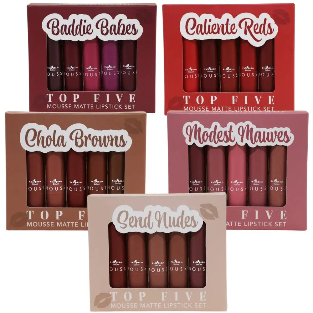 Italia Deluxe Top Five Mousse Matte Lipstick Set - Hydrating, Transparent, Long Lasting Lipsticks for Lip Makeup - Caliente Reds, Chola Browns, Modest Mauves, Send Nudes - Cosmetic