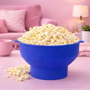 Silicone Microwave Popcorn Popper – Large Collapsible Bowl & Reusable Popcorn Maker – BPA-Free Silicone Popcorn Bowl for Hot Air, Dishwasher Safe Microwave Popcorn Maker Bucket (Blue)