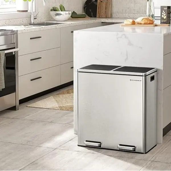 SONGMICS Stainless Steel Pedal Rubbish Bin with Hinged Lid, Soft Closure, Multi-Compartment ABS Plastic Inner Buckets, Garbage Can with Lid for Kitchen, Household Waste Bin, Home Supplies