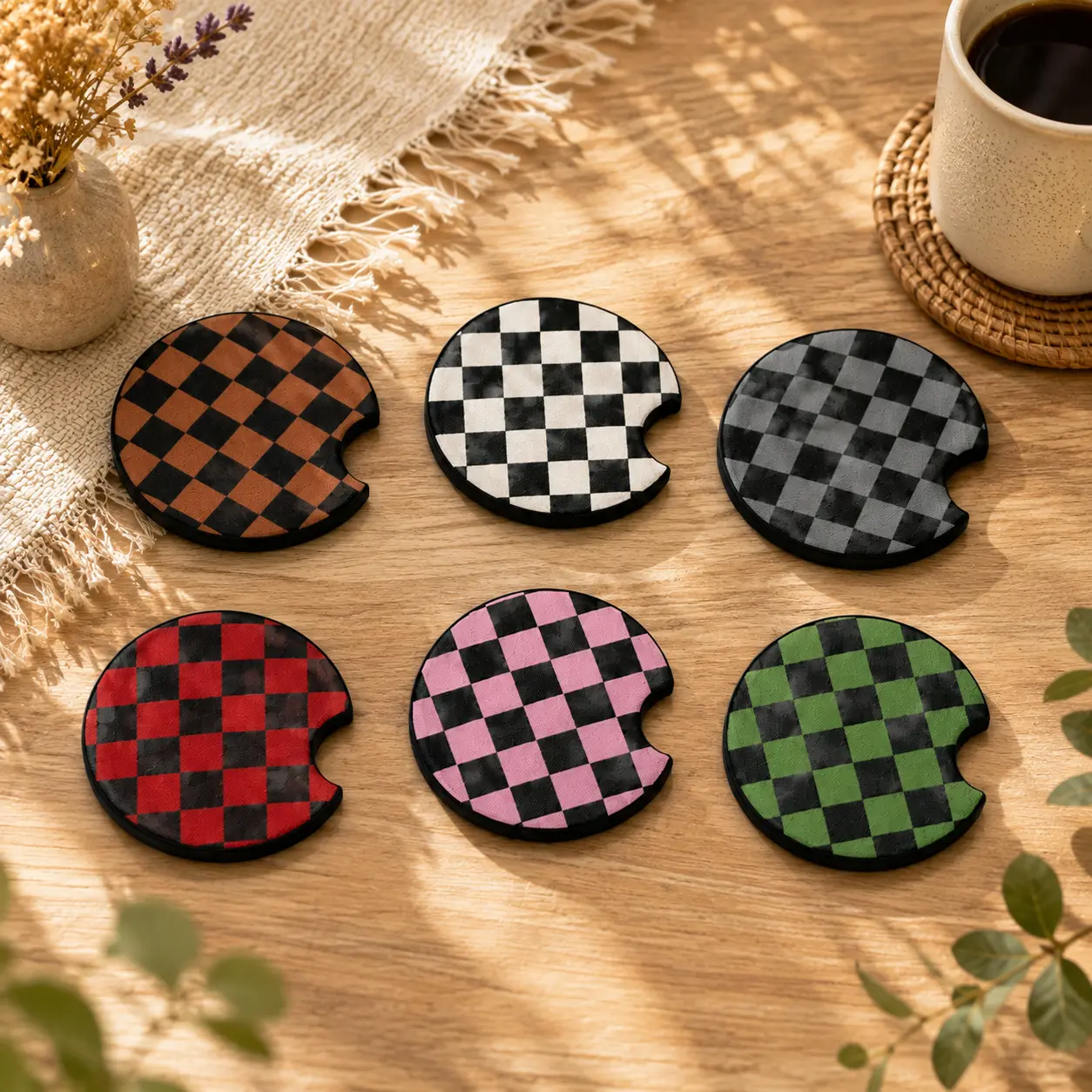 Buffalo Plaid Car Coasters, Checkered Auto Cup Holder Coaster Set, Colorful Rustic Car Accessories, Cute Vehicle Interior Decor Gift