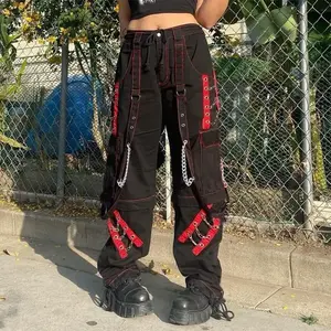 Dark Style Cool Sa Women's Vintage Cargo Pants with Red Stripes & Chicken Eye Chains Mid Waist All-Season Black Bottoms Womenswear Trouser