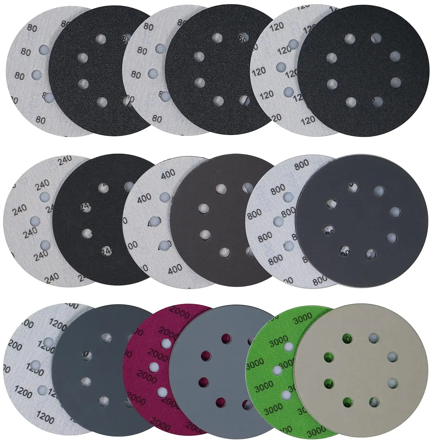 48 count 5 inch 8 Hole #80-#3000 Sanding Discs 80 120 240 400 800 1200 2000 3000 Grit Wet Dry Sandpaper Compatible for Random Orbital Sanders (#80-#3000 Grit Each 6 count)