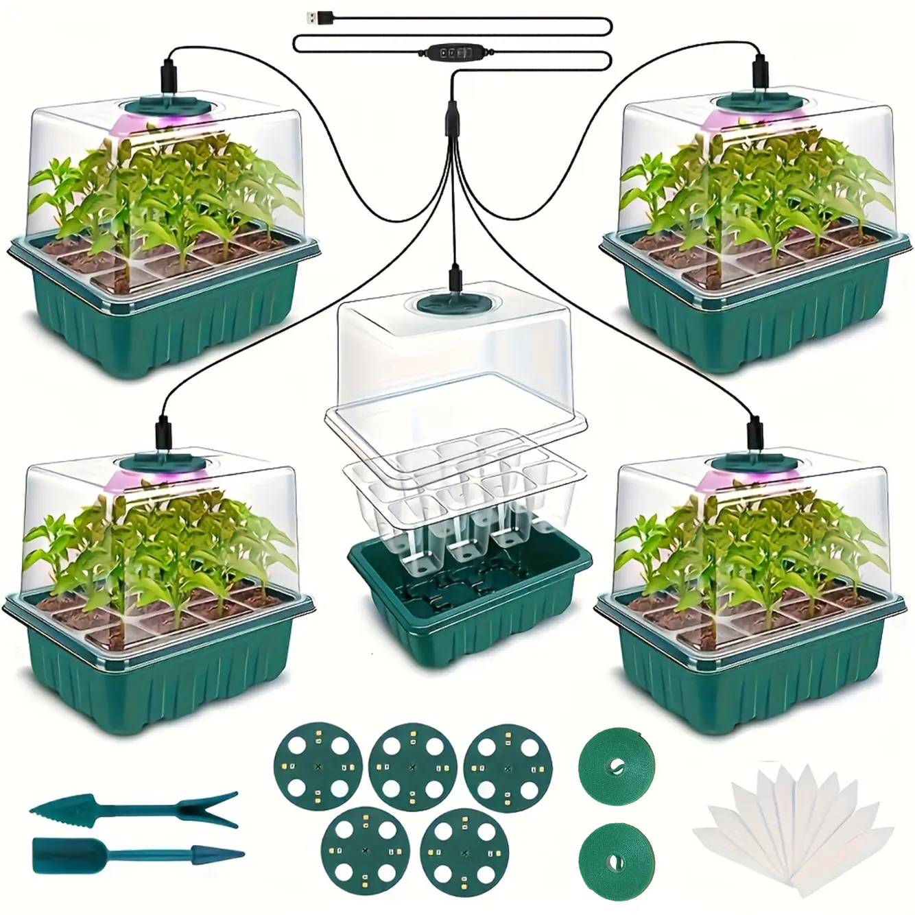 5-Pack 12-Cell Seedling Starter Tray Kit with Digital Timer, Adjustable LED Grow Light, Humidity Dome, Drainage Hole - Durable and Efficient Indoor Greenhouse System for Beginners, Experienced Gardeners, Led Lights, Germinate Seeds