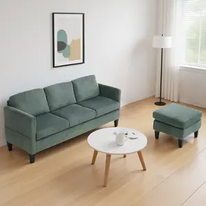 3-Seater Corduroy Sofa with Ottoman, Modern Cream Style Upholstered Couch, Sturdy Wood Legs, Non-Slip & Durable, Perfect for Small Living Rooms/Apartments, American Home Decor