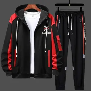 Men's Fashion Trendy New Versatile Outdoor Casual Autumn Winter Set with Red and Black Jacket & Trousers Clothes Menswear Activewear men's 2 piece set Matching Stylish