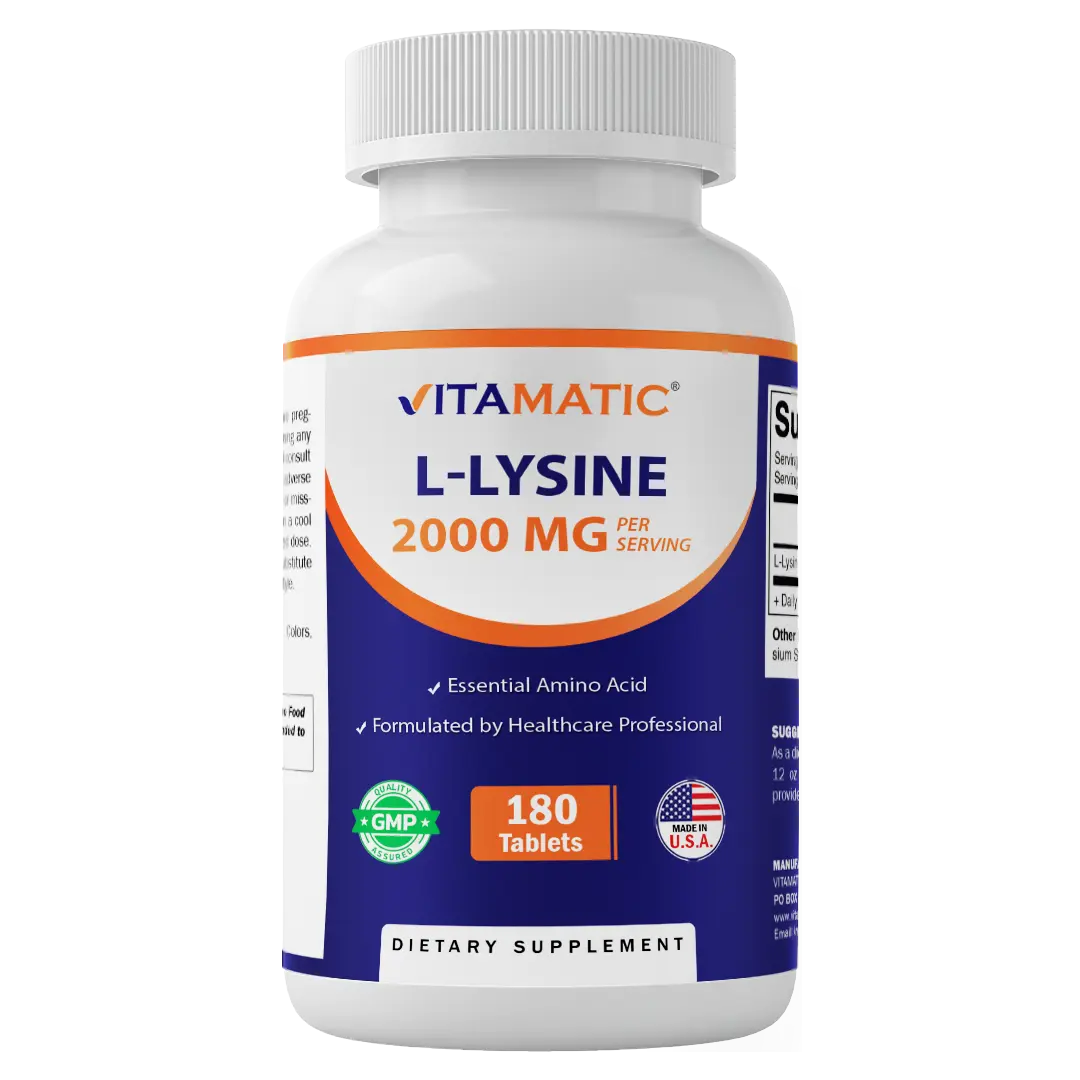 Vitamatic L-Lysine 2000 mg Per Serving | 180 Tablets | Essential Amino Acid Supplement | Non-GMO | Gluten Free | Made in USA Vitamatic L-Lysine 2000 mg Per Serving | 180 Tablets | Essential Amino Acid Supplement | Non-GMO | Gluten Free | Made in USA