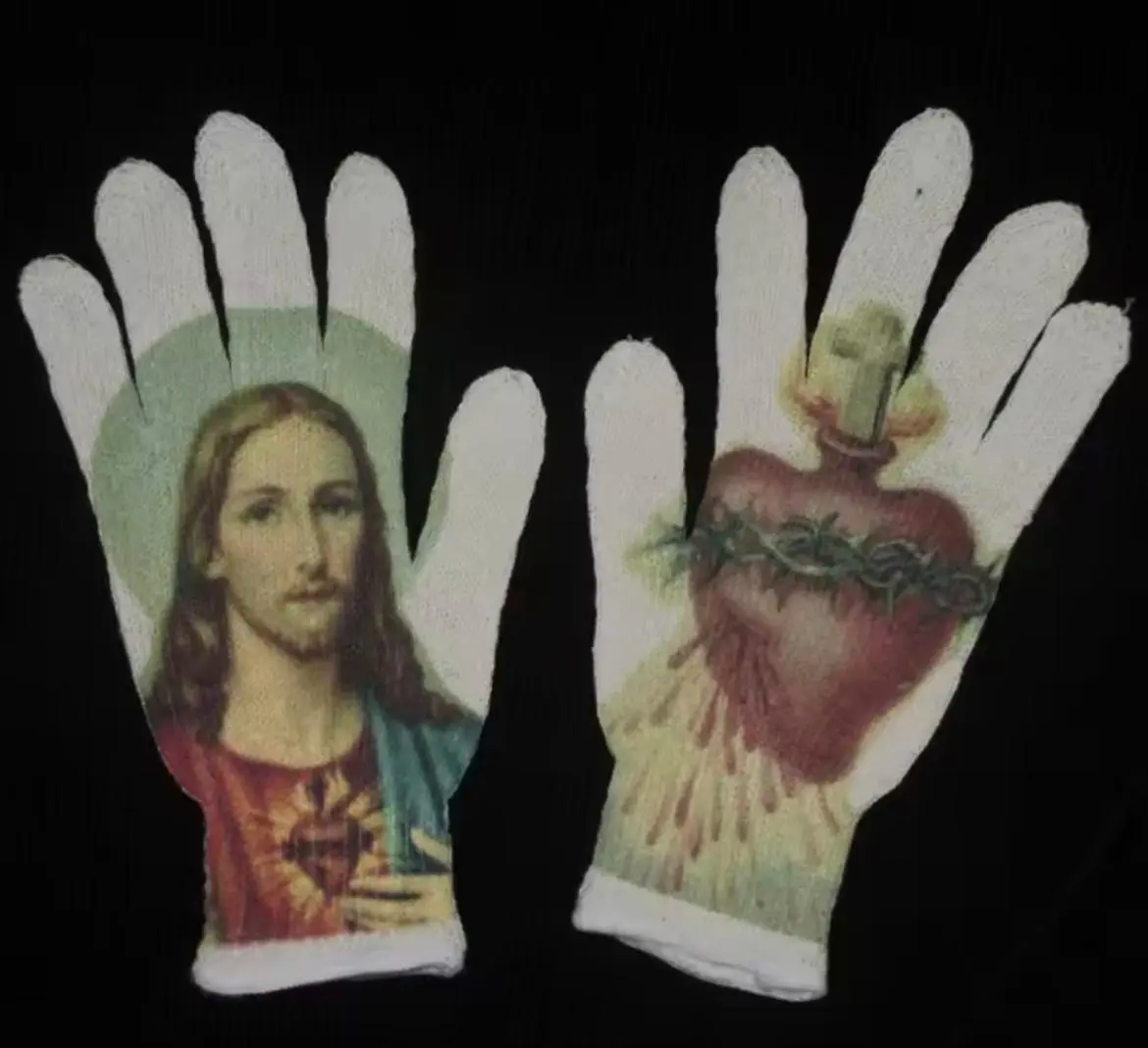 Soft knit winter gloves,Jesus Religious Artwork Print, Soft Stretch Knit, One Size, Warm Winter Hand Gloves, Vintage Catholic Aesthetic, Cold Weather Accessory