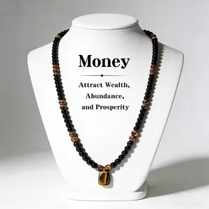 1pc Money Attraction Necklace With Natural Black Obsidian & Tiger Eye Pendant Necklace, 27" Retro Long Chain Necklace, Daily Wear Jewelry Gifts for Men and Women, Birthday Gift, Valentine's Day Gift
