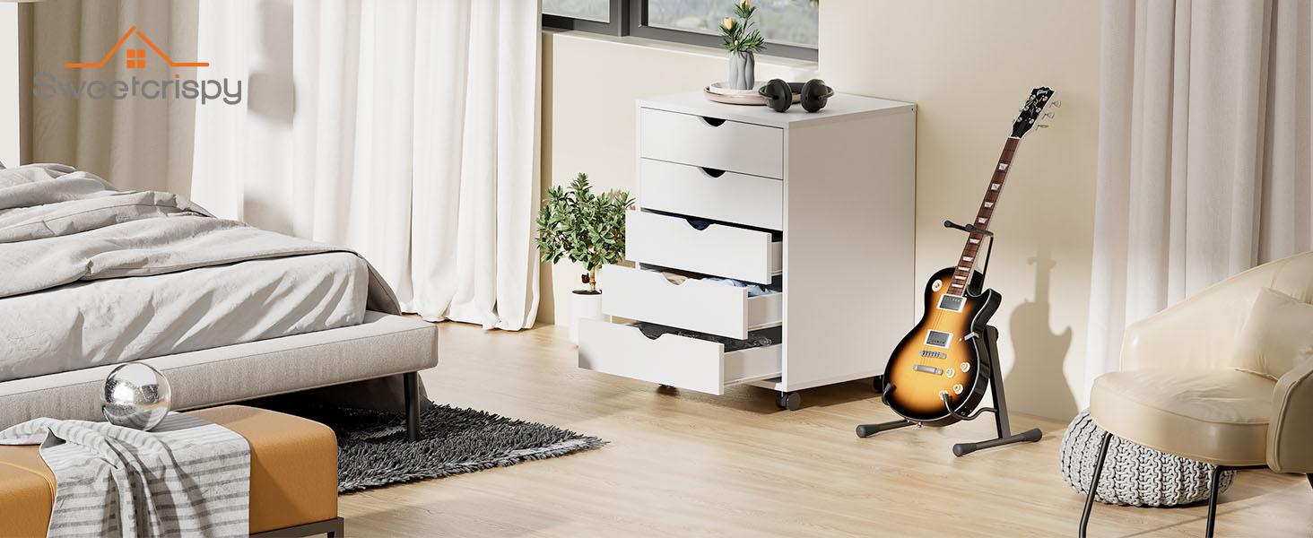 SweetFurniture Sturdy 5-Drawer Wood Bedroom Dresser with 4-Wheel Roll for Quick Moves - Cabinet with Wheels, Storage Organization for Apartment Clothing, Home Office Small Room Cupboard SweetFurniture Sturdy 5-Drawer Wood Bedroom Dresser with 4-Wheel Roll for Quick Moves - Cabinet with Wheels, Storage Organization for Apartment Clothing, Home Office Small Room Cupboard