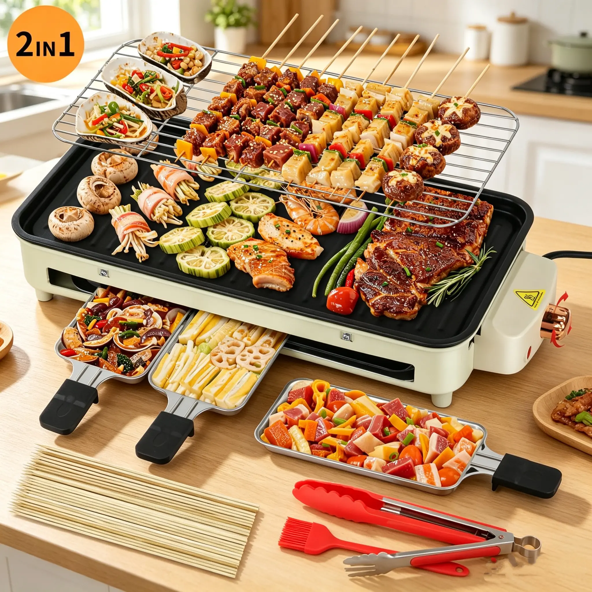 1500W Electric Indoor Grill, Smokeless Kitchen Grill with Removable Non-Stick Plate, Dishwasher-Safe, Adjustable Temperature – Beige