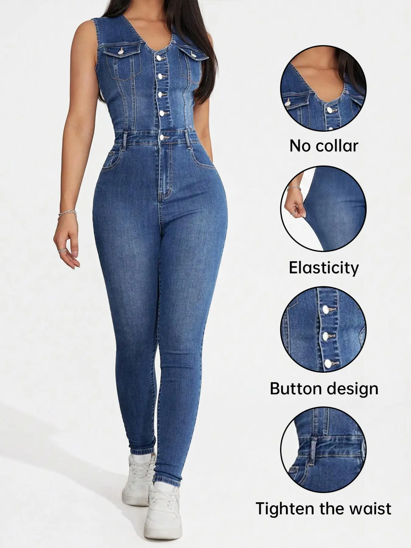 Women's Sleeveless Denim Overall Jumpsuit, Summer Essential, American Style High Waist Elastic Butt-Lifting Skinny Fit, Streetwear for Casual Outing and Music Festival