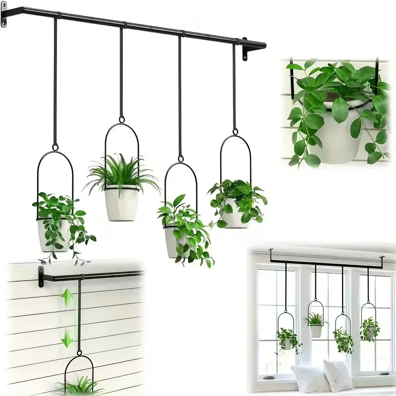 Metal Adjustable Hanging Planter Set with 3/4/5 Plastic Pots, Nylon Cords, Black Wall Plant Hanger Rail, 11.8"-18.1" Expandable Slide-Out Storage Rack for Pots/Pans, for Indoor Window & Ceiling Herb Garden