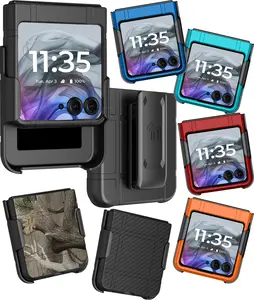Case with Clip for Motorola RAZR (2024/2025) Flip Phone, Nakedcellphone Textured Slim Hard Shell Cover and [Rotating/Ratchet] Belt Hip Holster Holder Combo for Moto RAZR 50/60