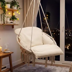 Macrame Single Hammock Hanging Chair with Oversized Padded Cushion, Indoor＆Outdoor, Hammock Swing Chair
