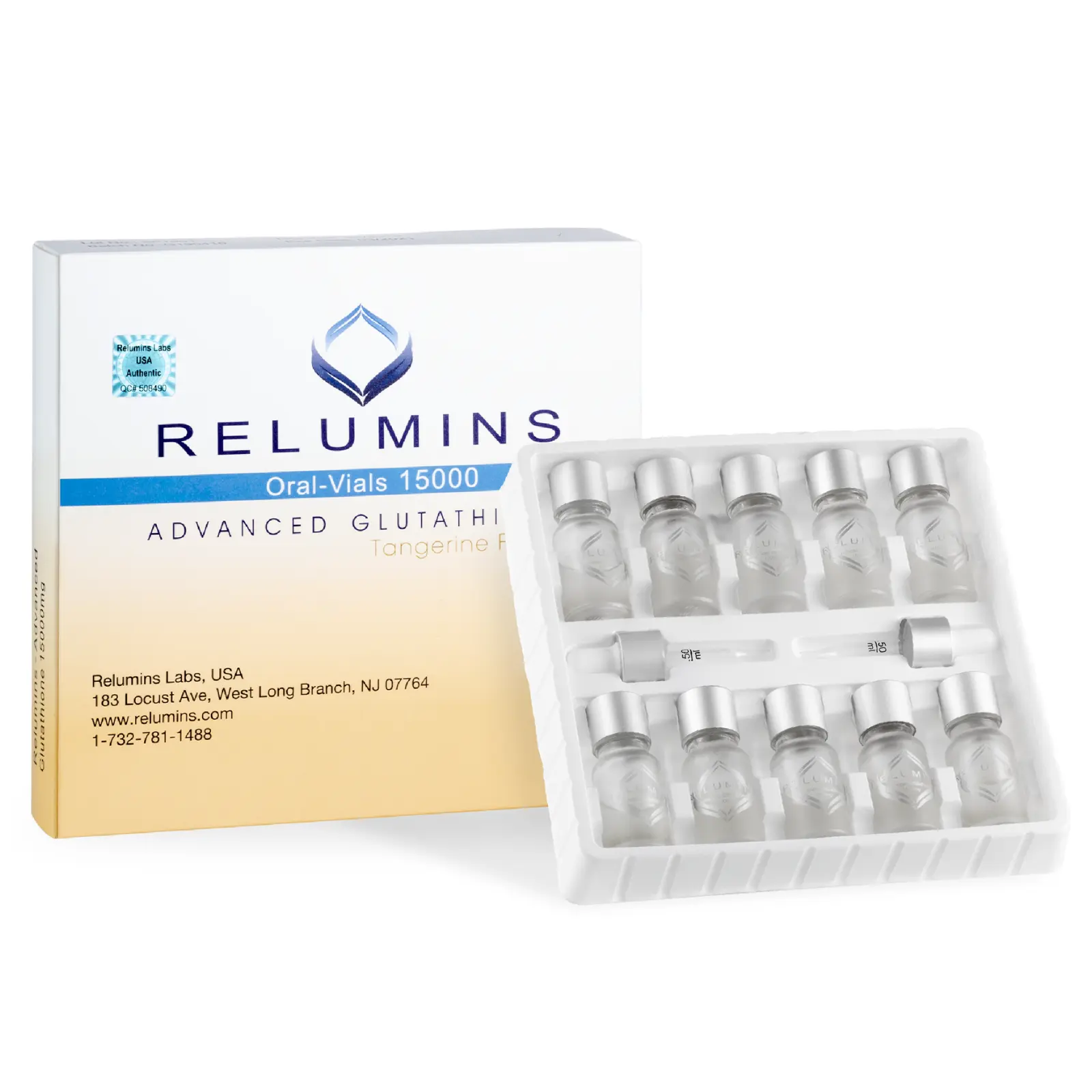 Relumins Liquid Glutathione Oral Supplement - 15000mg Advanced Formula with Vitamin C Booster - Tangerine Flavor - 10 Mini Bottles