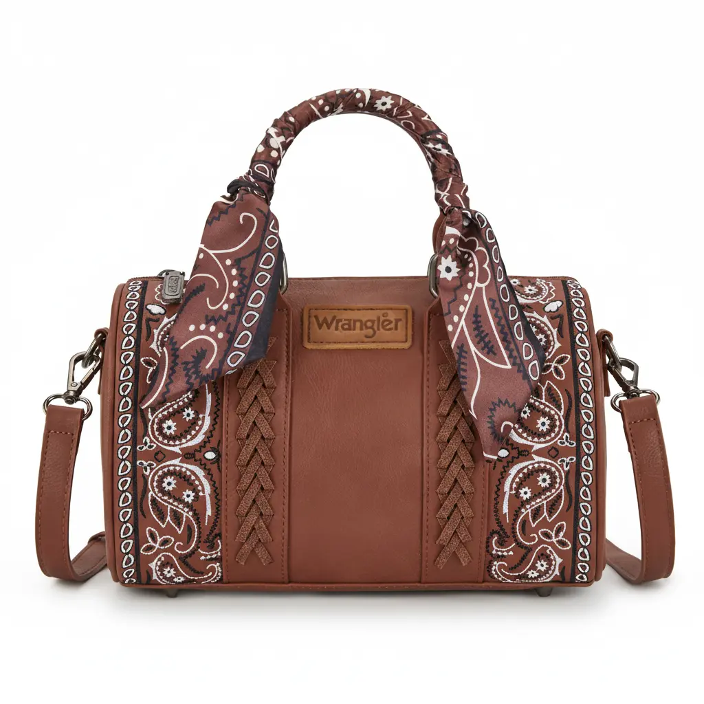 Wrangler Western Medium Size Bandana Paisley Print Barrel  Desert Knot Crossbody Purse for Women with Scarf Strap & Paisley Embroidery Valentine's Day Gift