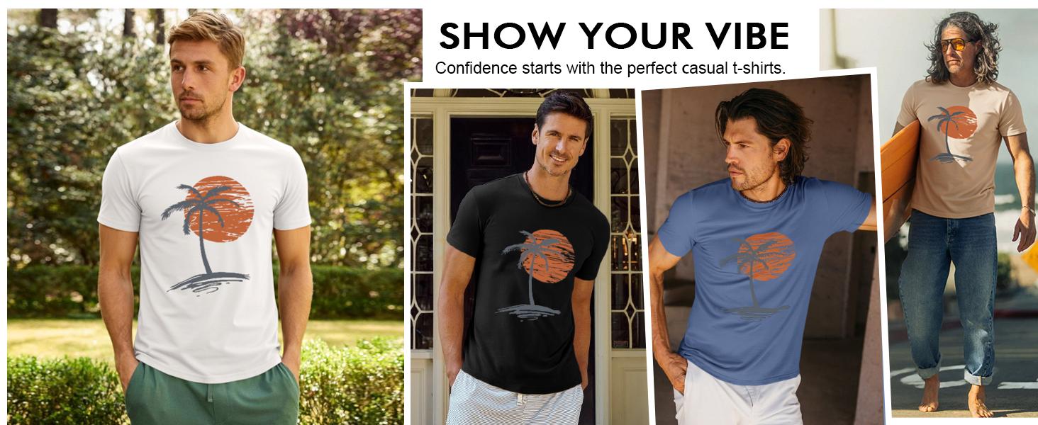 Runcati Mens Short Sleeve T-Shirts Crew Neck Casual Shirt Summer Beach Palm Tree Vintage Hawaiian Tees