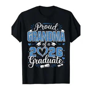 Proud Grandma of a Class of 2026 Graduate T-Shirt - Unisex Adult Retro Graduation Cap & Diploma Design, 220gsm Heavyweight Pure, All-Season Comfort Fit Round Neck Short Sleeve, Blue & White Print with Golden Lettering - Class of 2026 Senior Year