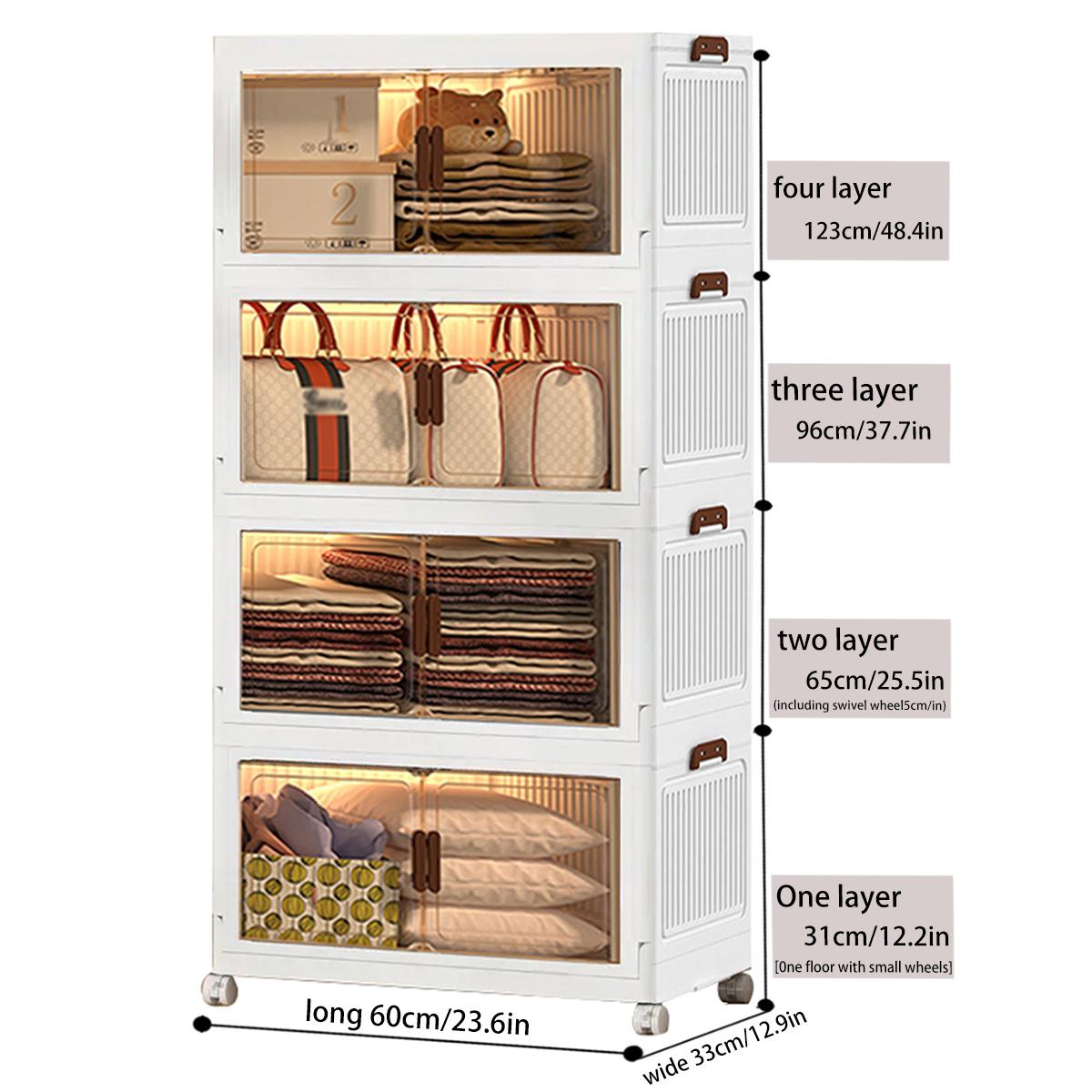 60CM-2/3/4/5 Layers Plastic Storage Box Organizer Stackable & Foldable with Magnetic Transparent Door for Kitchen Bedroom Living Room Study Office Saving Space