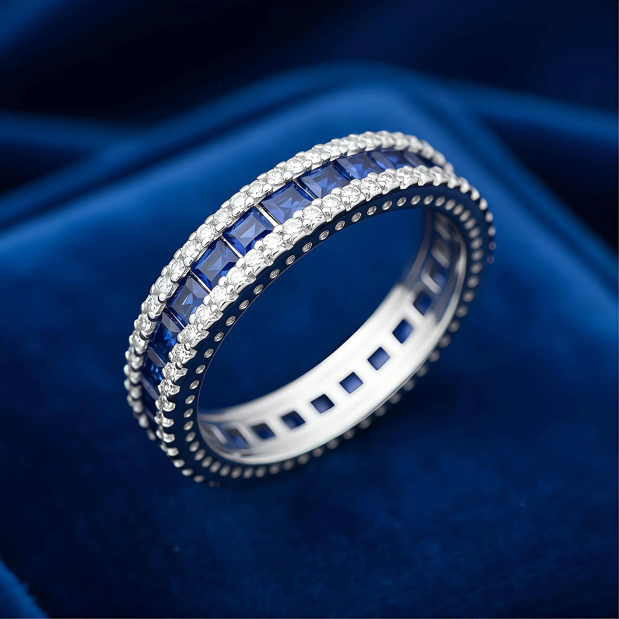 S925 Sterling Silver Ring Modern Classic Elegant Love, Calm Ring for Women, Eternity Deep Blue Band Ring Perfect for Daily Wear and Parties Blue Stone Eternity Ring - Gift for Anniversary, Date Nights | Sparkling Daily Statement Jewelry