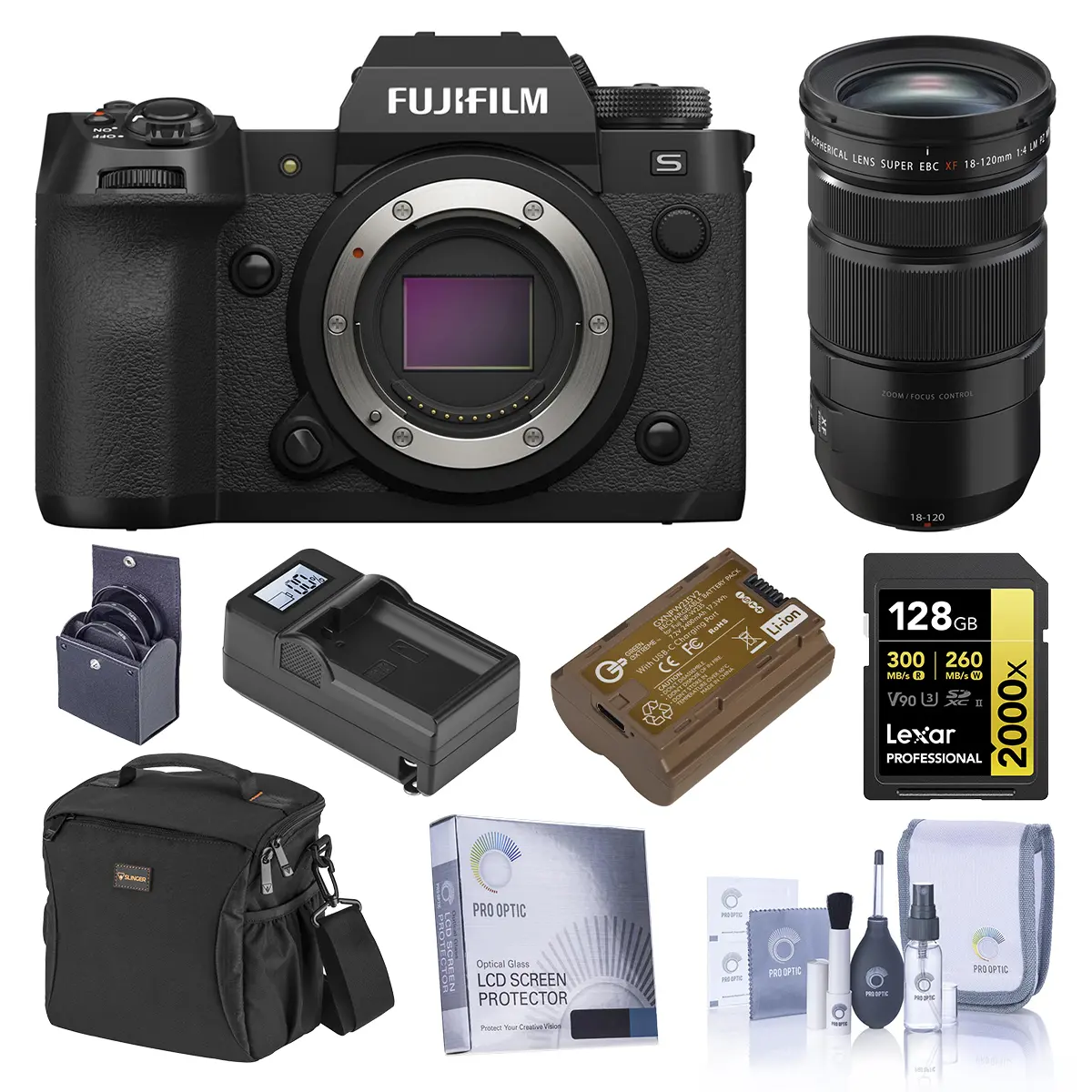 Fujifilm X-H2S Mirrorless Camera with XF 18-120mm f/4 LM PZ WR Lens, Black, Bundle with 128GB Memory Card, Shoulder Bag, Extra Battery, Charger, Screen Protector, 72mm Filter Kit, Cleaning Kit