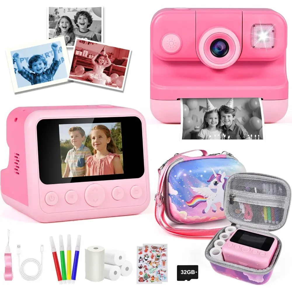 Pink Kids' 30MP HD 1080P Video Recording Instant Print Camera - All-in-1 Creative Hub, Pink with Bonus Carry Bag, Stickers+Paper (4 Rolls), Color Pens, 32GB Card - Christmas/Birthday Gifts for 3-12 Years Old Girls/Boys
