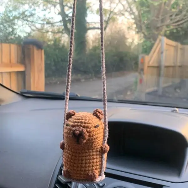 Cute Swinging Capybara Car Mirror Hanging Accessories, Crochet Capybara Ornaments, New Car Gift, Gift For Her, Car Decorations, Car Charm