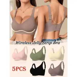 Comfortable 5-Pack Wireless Jelly Bras - Mature Style, Solid Color, T-Shirt Bra with Removable Pads, Adjustable Straps, U-Back Design for Daily Wear