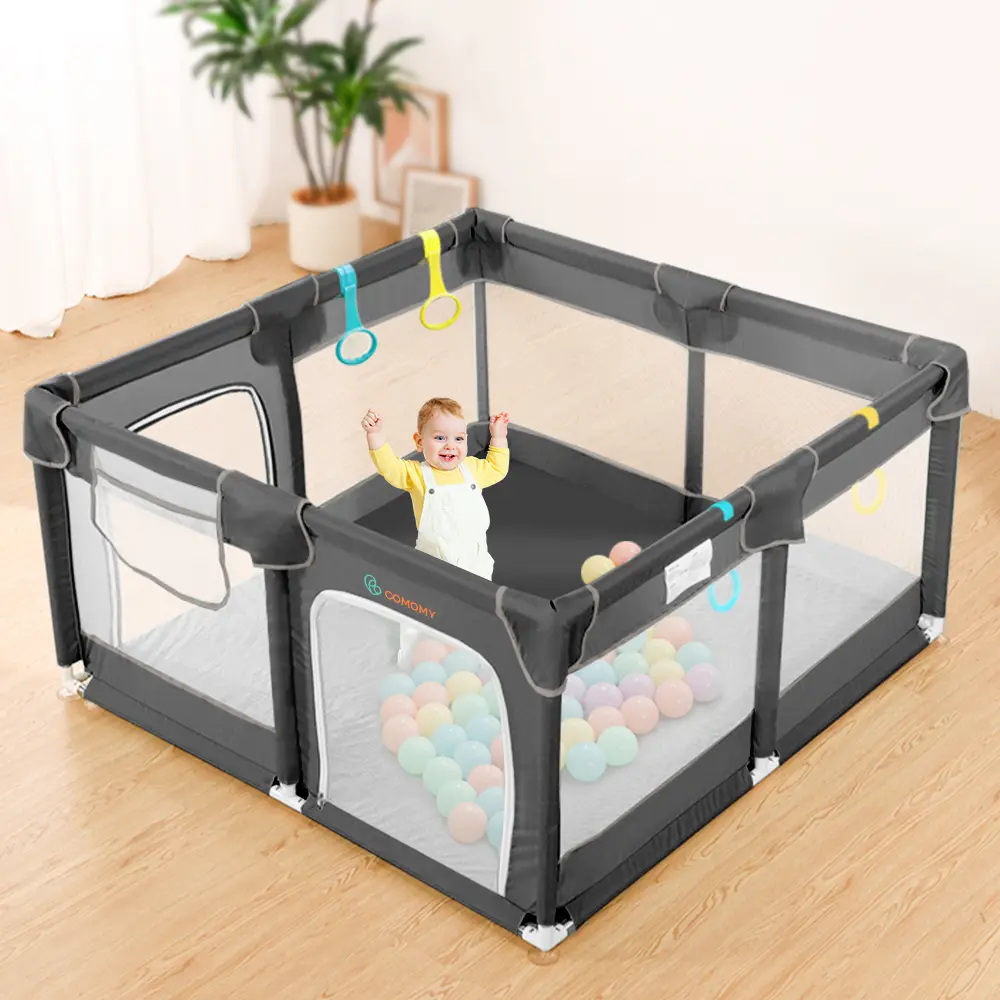 Caveen Baby Playpen, 50x50x27 inch, Small Baby Play Pens, Portable Soft Mesh Sturdy Pipe Ample Space for abies and Toddler, Full Mesh Design, Indoor & Outdoor Kids Activity Center, Dark Grey, Durable Playpen, Floor Playpen