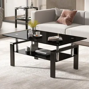 Rectangle Coffee Table,Rectangle Glass Coffee Table, Tempered Glass Coffee Table,Clear Coffee Table,Modern Side Center Tables for Living Room,Office,Living Room Furniture,Glass Tabletop with Lower Shelf,Living Room Furniture, Arc angle, Black