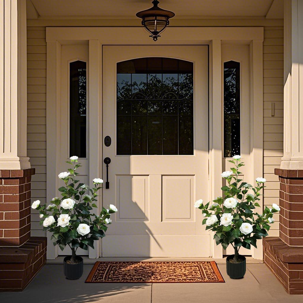 2 Pcs 3-foot Camellia Tree with Decorative Pebbles, Flower Pot, 24 Realistic Flowers, 188 Leaves for Indoor, outdoor courtyard Home Decor