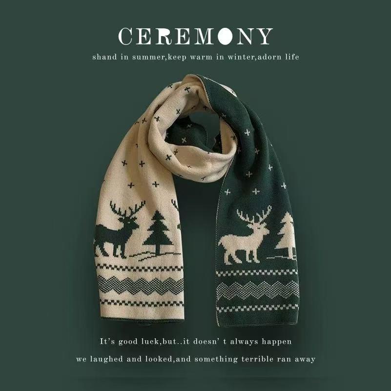 【Best Christmas Gift】Cubidupi Double-Sided 48-Fine Wool Christmas Scarf Reversible Knit with Reindeer & Snowflake Patterns for Holiday Warmth
