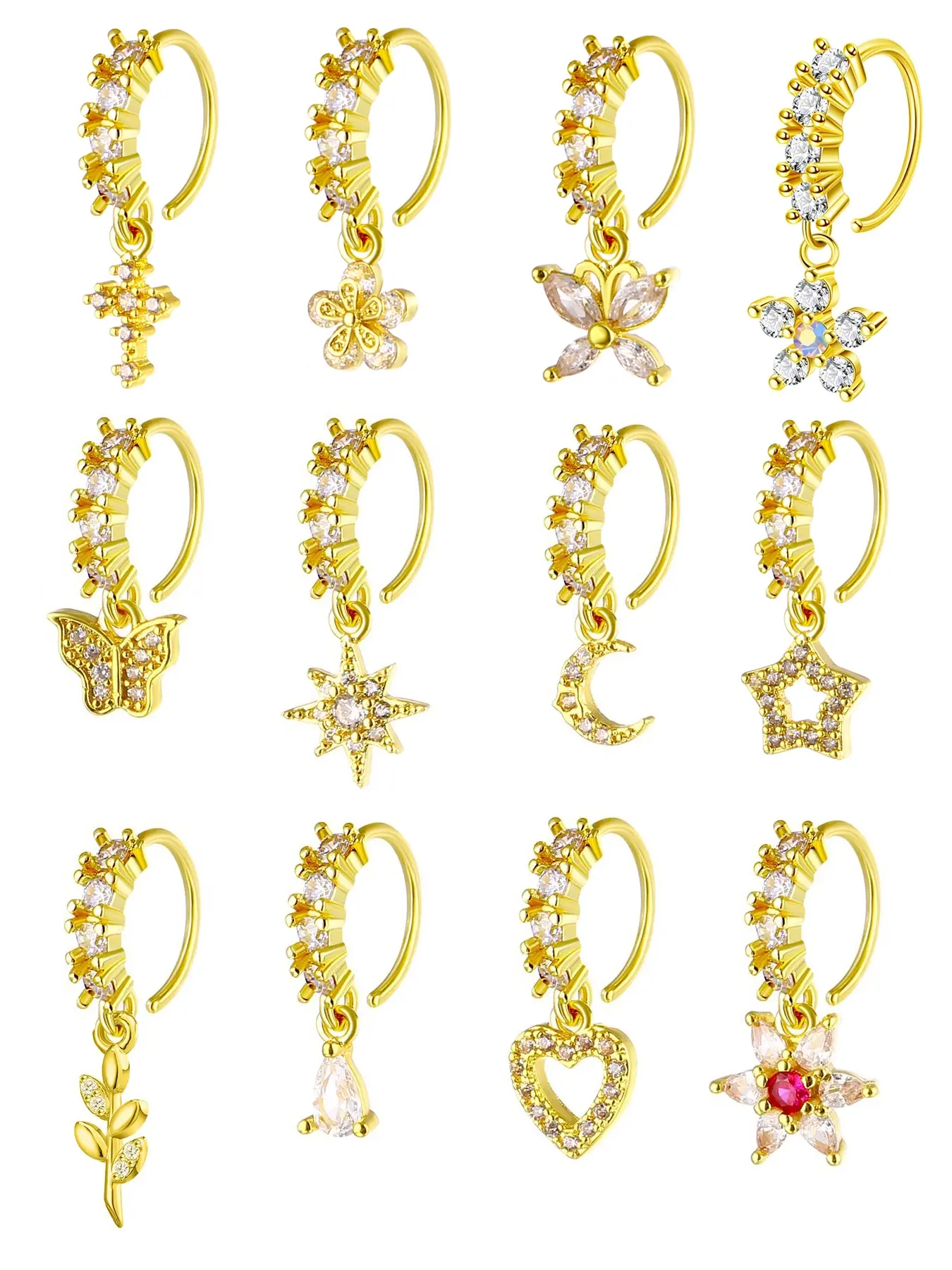Women's Sexy Hollow-Out Design Copper Rhinestone Butterfly Nose Ring & Ear Stud Set, Elegant Body Jewellery Piercing Jewelry for All Seasons, Perfect Gift Idea, Nose Piercing Jewelry