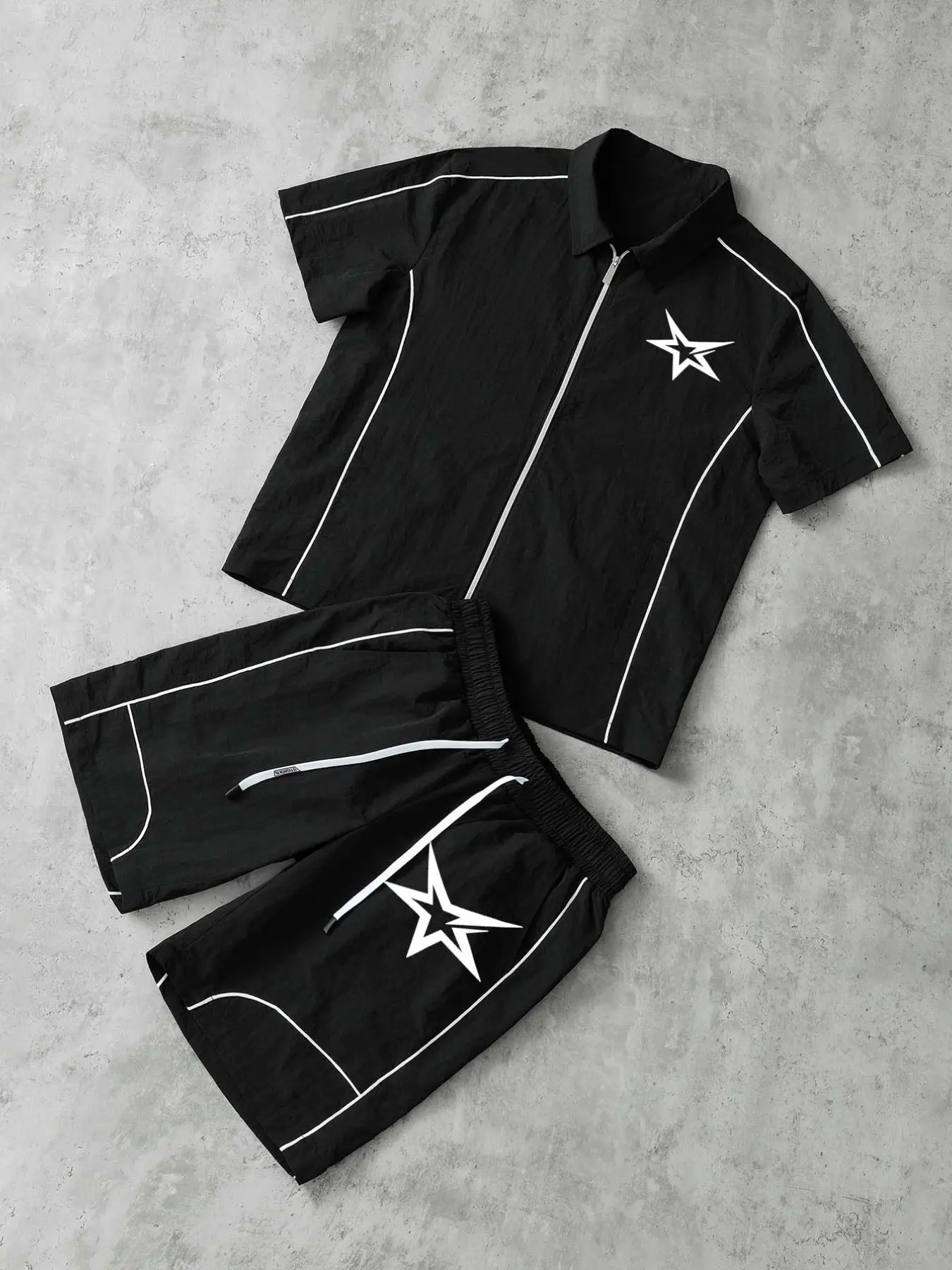Stars Pattern Casual Set, Short Sleeve Zipper Collared Shirt + Gym Shorts, Breathable Comfort, Spring Summer Daily Wear, Trendy Star Print Design