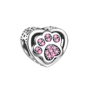 Silver-Plated Paw Print Heart Charm, Pink Paved Paw Print, Hollow Cutout Design for Pet Lovers, Suitable for Bracelets, Necklaces, and Jewelry Gifts for Women — Ideal for Mother’s Day, Birthdays, and Pet Memorial Gifts