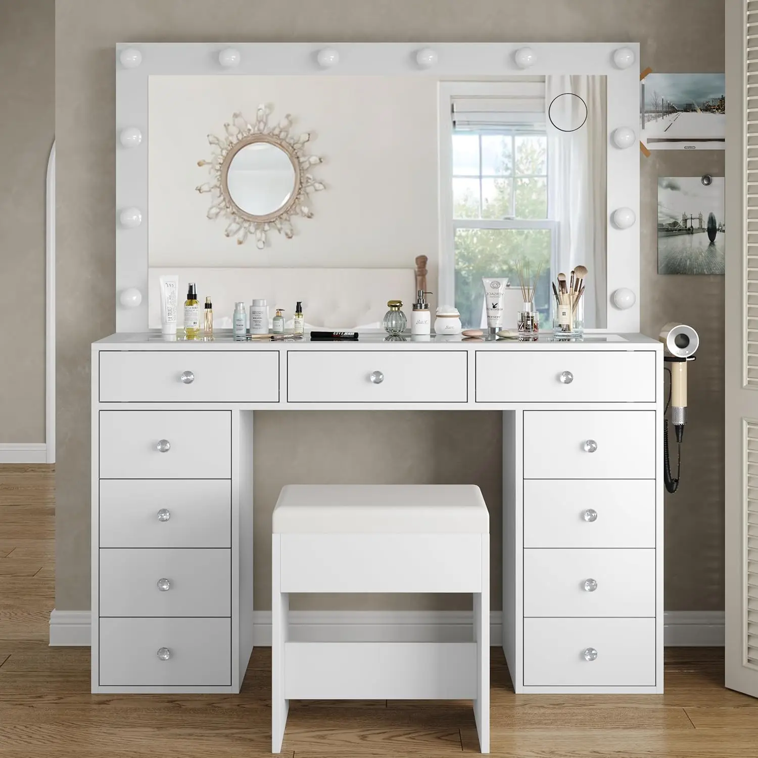 FUSOU 47"W 11 Drawer Vanity Desk with Power Outlet [Shipping by 2 Packages] Makeup Vanity with Mirror and 12 LED Lights, 3 Lighting Modes, Vanity Table with Chair, Glass Top, Dressing Table for Bedroom,Dressing Room