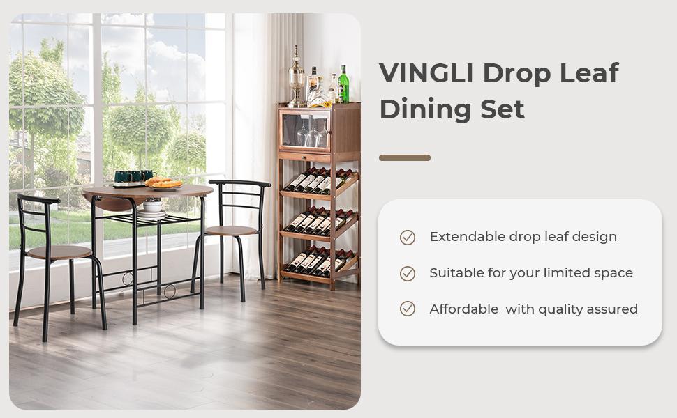 VINGLI 31.5" Drop Leaf Dining Table Set 3 Pieces for Small Space,Small Kitchen Table Set for 2,Round Folding Table with 2 Chairs for Home,Kitchen,Apartment