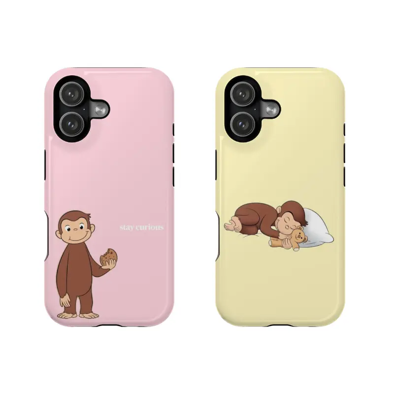 Wireless Rubber Phone Case - Curious Monkey Cartoon (Cute George-Style), "Stay Curious" Print, Pink Polycarbonate Gloss Finish, Shockproof, Waterproof, Resistance, Multi-Model for iPhone 12/13/14/15/16/17 SE Max Pro, Galaxy 21/22/23/24/25 Ultra, Iphone 17