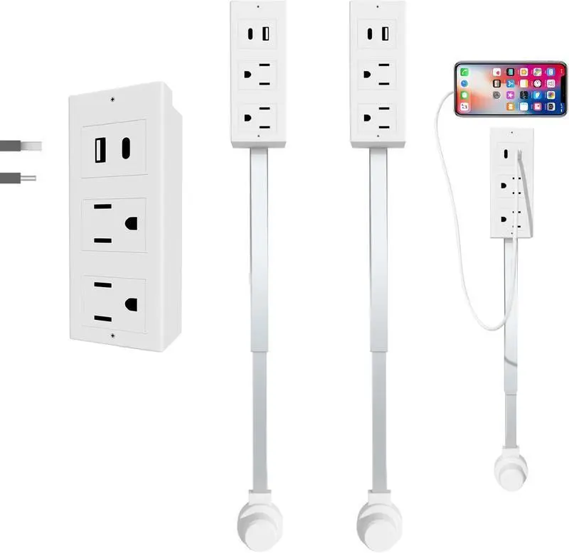 Rotating Wall Outlet Extender – 2 AC + USB-C/A Ports (34" Extension, Wall-Mountable & ETL Certified) | Space-Saving Power Solution for Home & Office,Lightweight and space-saving, suitable for business trips and travel
