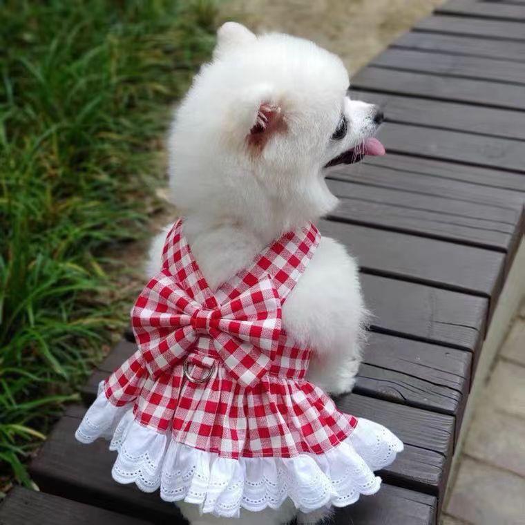 Pet Clothes Dog Cat Rabbit Plaid Dress Vest Cute Comfortable Breathable With Traction Rope AL-656281331457