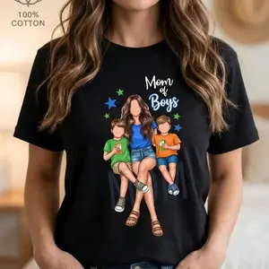 Cotton Short Sleeve T-Shirt Mom of Girls Cartoon Printed T-Shirt, Y2K Style, Short Sleeve, Crew Neck, Polyester, Mother'S Day Gift Eye catching cartoon mom of girls print