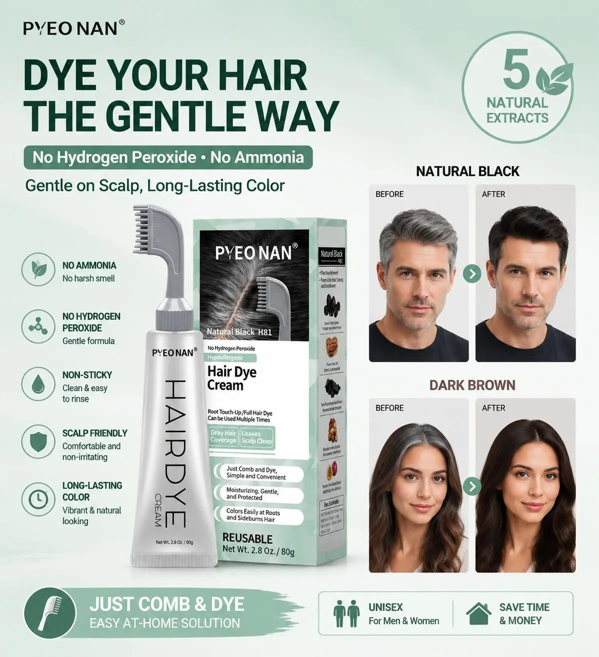 Hair Dye Cream with Comb Applicator, Plant Extract Hair Color, Gentle & Safe Formula, No Harsh Chemicals, Covers Gray Hair, Natural Color Finish, Easy DIY Hair Coloring for Men and Women