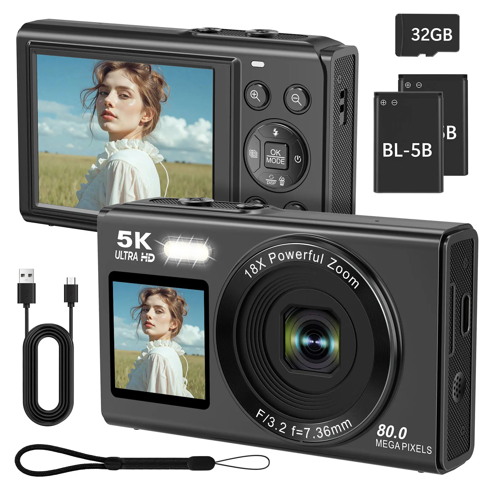 WIKICO 5K Digital Camera, Dual Screens Camera with 18X Digital Zoom, Compact Vlogging Camera for Teens, Beginner-Friendly Gift Pack, 32GB Card & 2 Batteries
