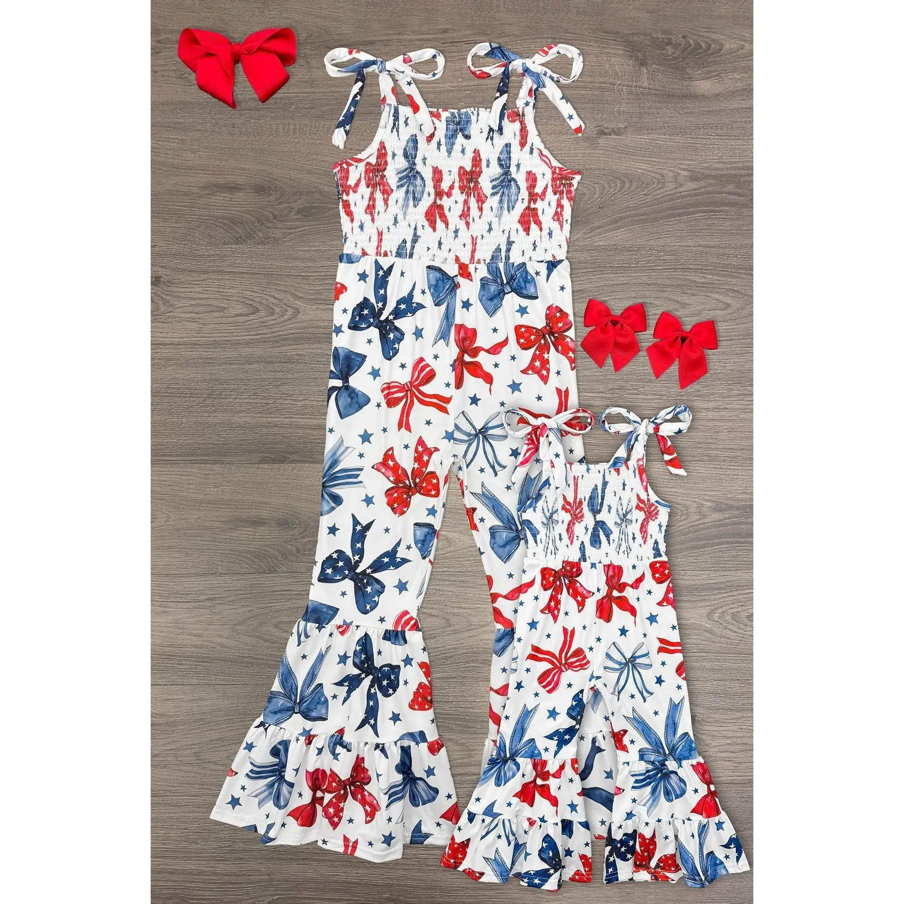 Mom & Me Family Clothing Sets Sleeveless Red White Striped Bow Print Flare Leg Jumpsuit - mom-1x, soft R/W/B fabric, tie shoulder straps, fitted design, pockets, breathable, for day wear, 4th of July festivities, easy all-day wear for moms & little girls,