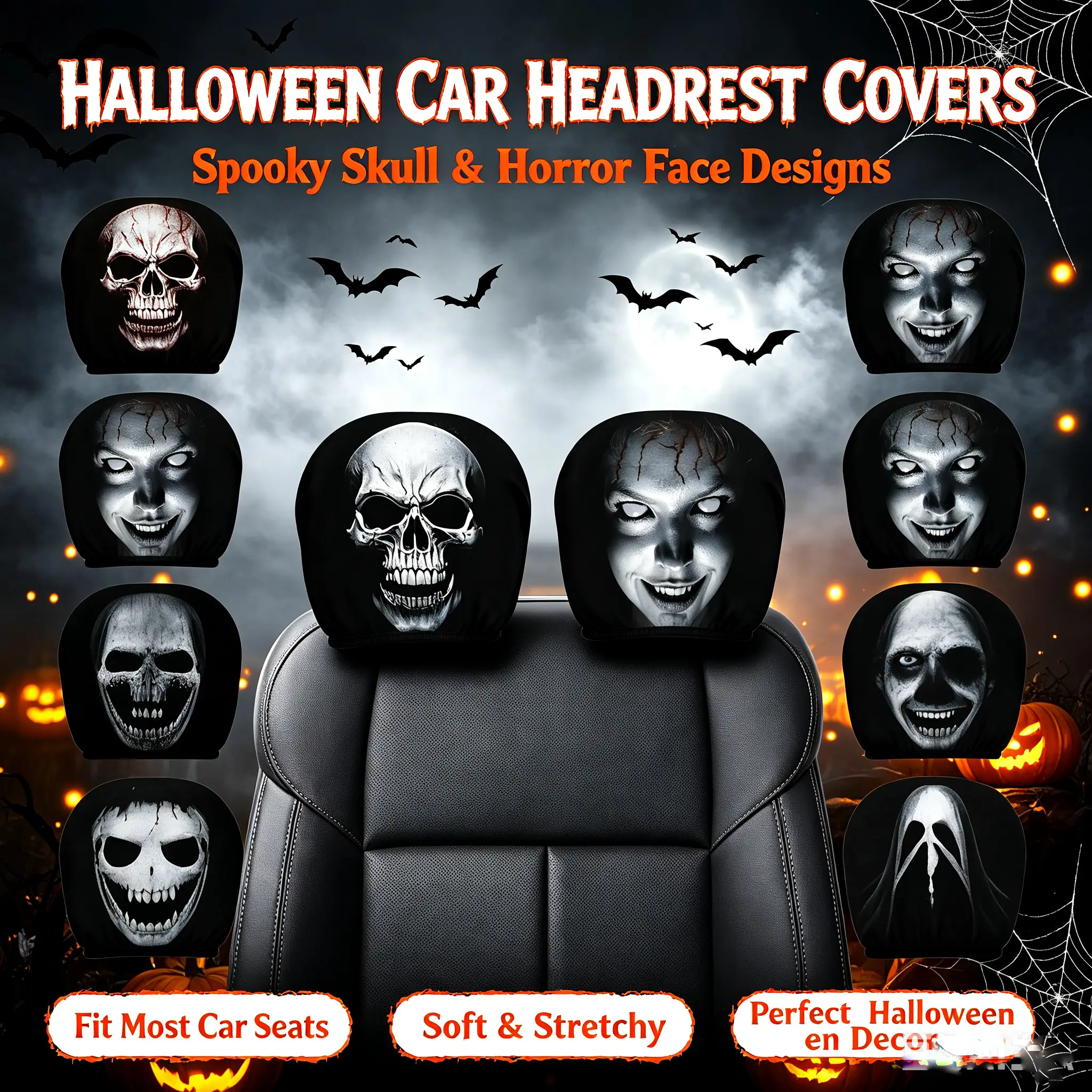 Halloween 2/4-Piece Car Headrest Cover Set – Universal Fit, Ideal for Long Trips, Durable & Washable, Stylish Seat Protection for Sedans, Trucks, and SUVs