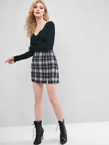 Rosegalette Plaid Slit A Line mini skirt - skirts women Cotton & Polyamide Blend, Elastic Waist, Mini Length, Versatile for Fall & Winter, Comfortable Fit, High Waistline, Classic Plaid Pattern Womenswear Bottoms