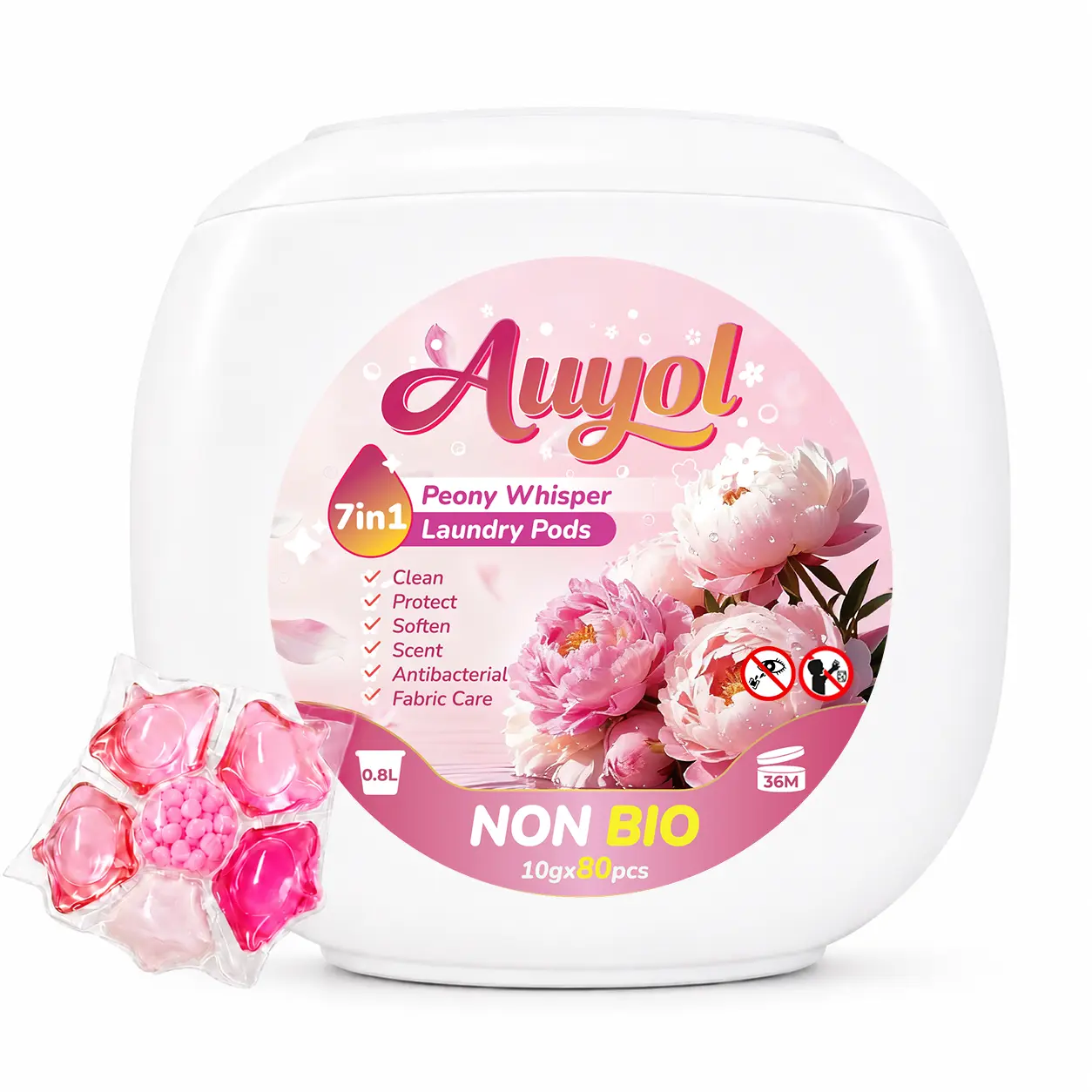 Auyol 4th Gen Laundry Detergent Pods 7 in 1, Peonia Scent, Ultra Fast-Dissolving, Non-Bio Enzyme, Deep Clean & Long-Lasting Freshness A