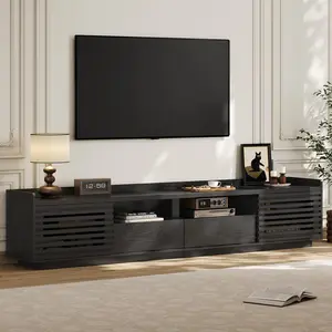 【SummerVibes】ONBRILL 78.7" TV Stand for TVs Up to 85", Mid-Century Modern Entertainment Center with Sliding Doors and Adjustable Shelves, Media Console TV Cabinet with Drawers and Open Storage for Living Room