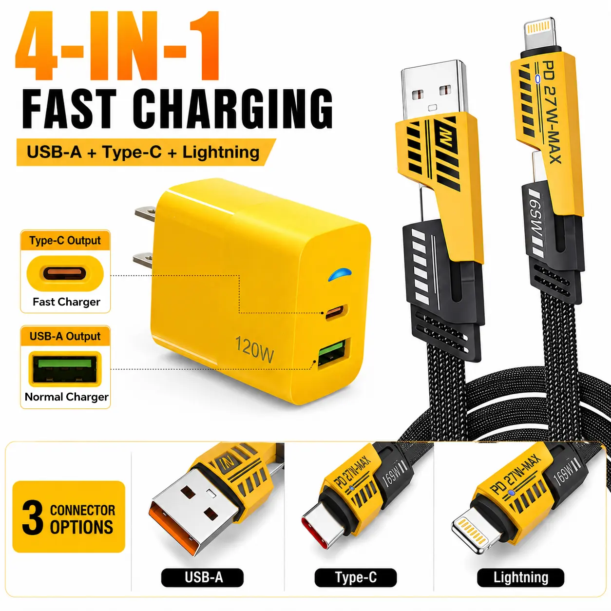 1 Pack Multi Fast Charger & 4-in-1 USB C Cable, Type C/USB A Dual Ports Adapter, 5FT Flat Braided Charger Cord for iPhone 17/16/15/14/13/12Pro Max/iPad/Airpods/Samsung Series Phone tiktokshopbacktoschool,back to school,back to school haul