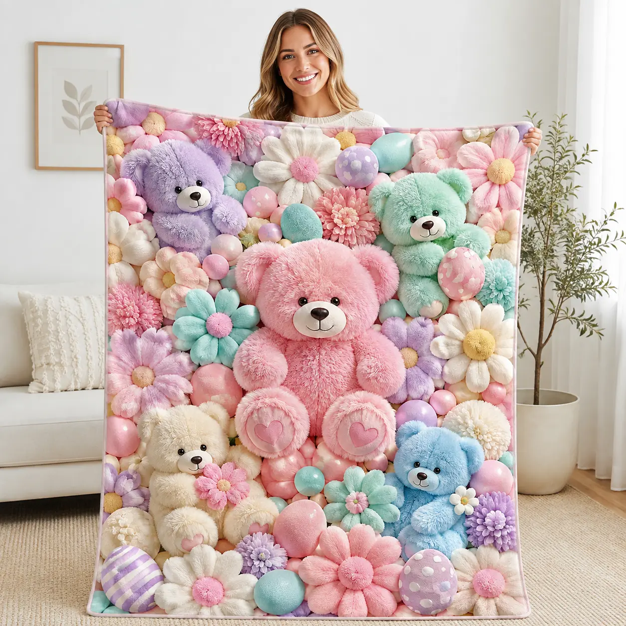 Teddy Bear Floral Blanket 2D Flat Cartoon Print Ultra Soft Flannel Throw Blanket Cute Colorful Bear Aesthetic Lightweight Cozy Warm Blanket for Sofa Couch Bed Bedroom Decor Travel Camping Office Chair Home Decor Gift Trending Must Have Cozy Home Essential